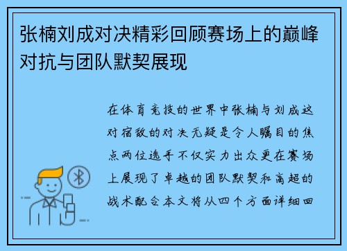 张楠刘成对决精彩回顾赛场上的巅峰对抗与团队默契展现